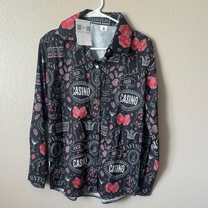 Red and Black Floral Button Down Shirt with White Sketches